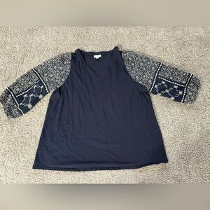 J. Jill Navy embroidered half sleeve blouse sz XL tall cotton classic